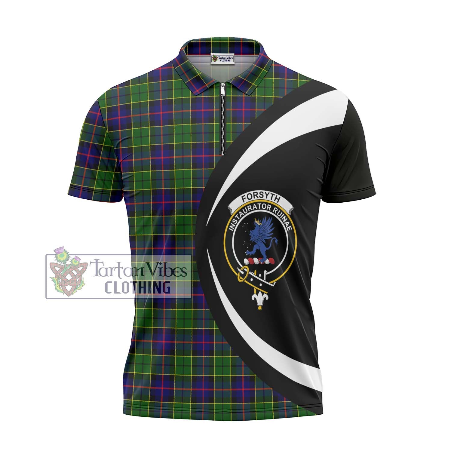 Tartan Vibes Clothing Forsyth Modern Tartan Zipper Polo Shirt with Family Crest Circle Style