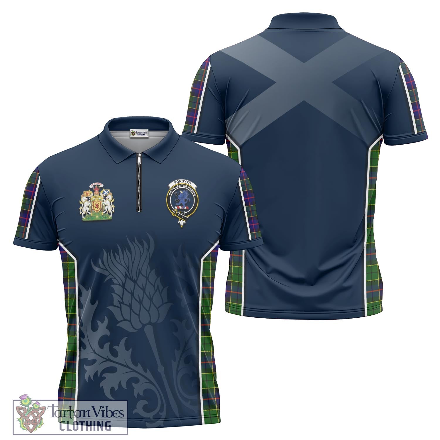 Tartan Vibes Clothing Forsyth Modern Tartan Zipper Polo Shirt with Family Crest and Scottish Thistle Vibes Sport Style