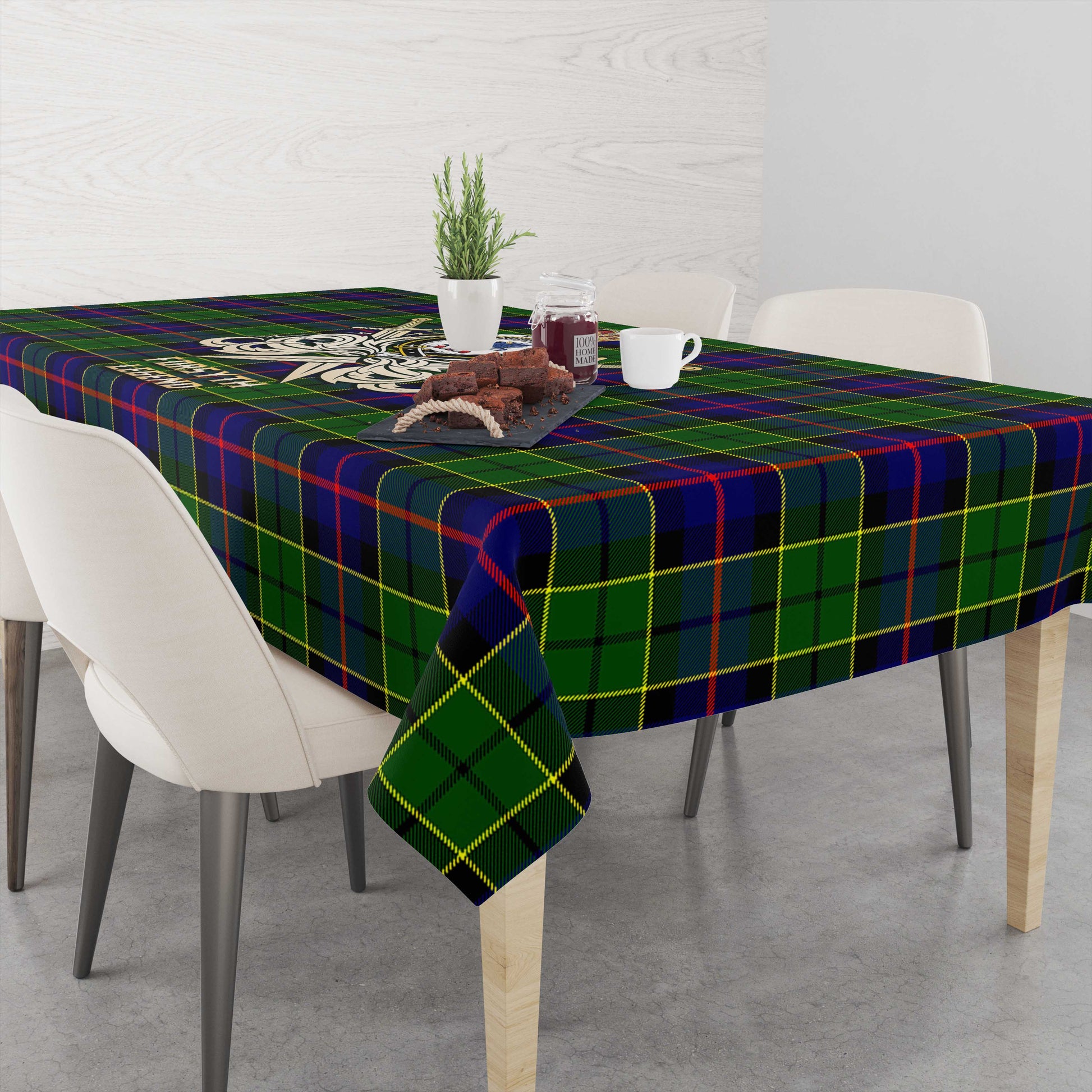 Tartan Vibes Clothing Forsyth Modern Tartan Tablecloth with Clan Crest and the Golden Sword of Courageous Legacy