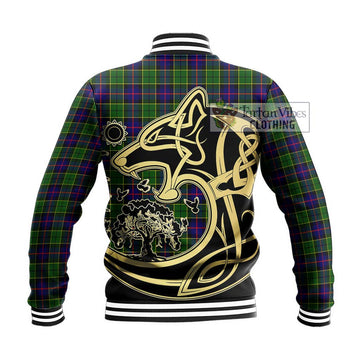 Forsyth Modern Tartan Baseball Jacket with Family Crest Celtic Wolf Style