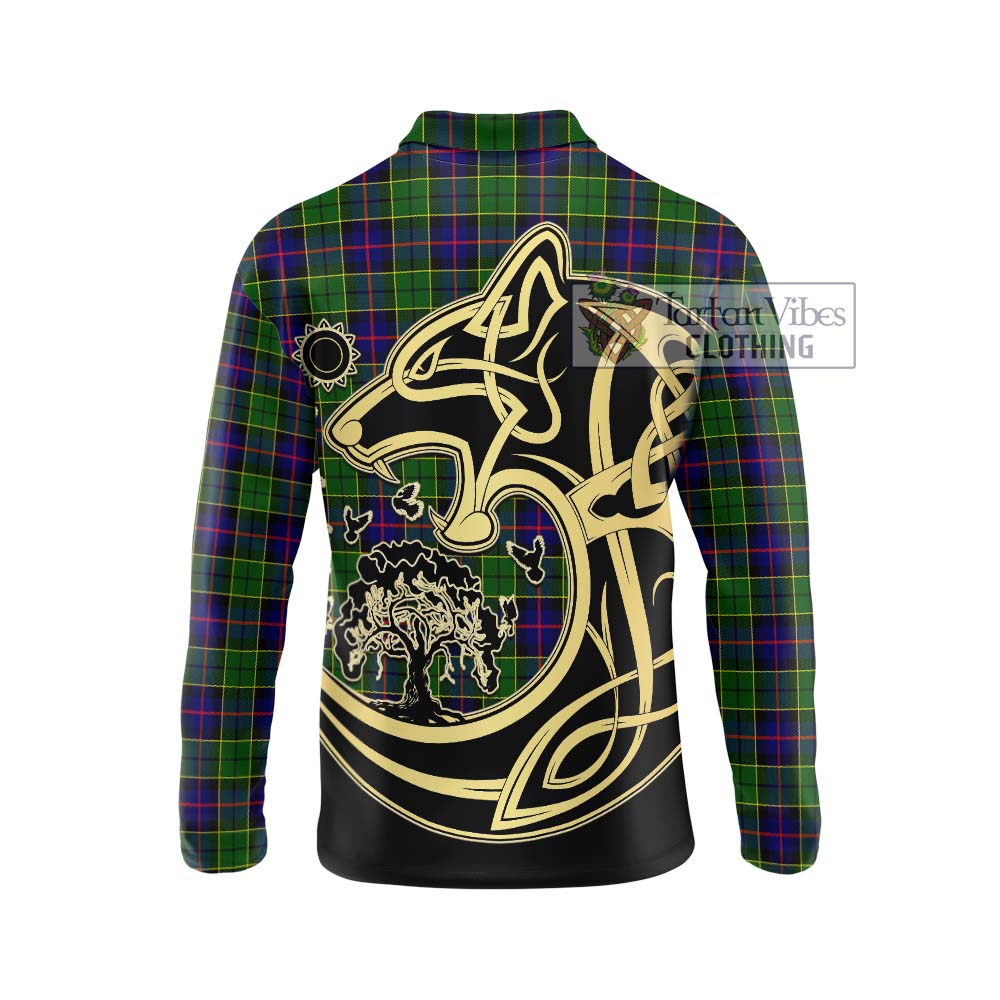 Forsyth Modern Tartan Long Sleeve Polo Shirt with Family Crest Celtic Wolf Style - Tartanvibesclothing Shop