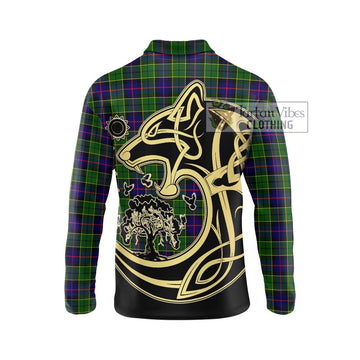 Forsyth Modern Tartan Long Sleeve Polo Shirt with Family Crest Celtic Wolf Style