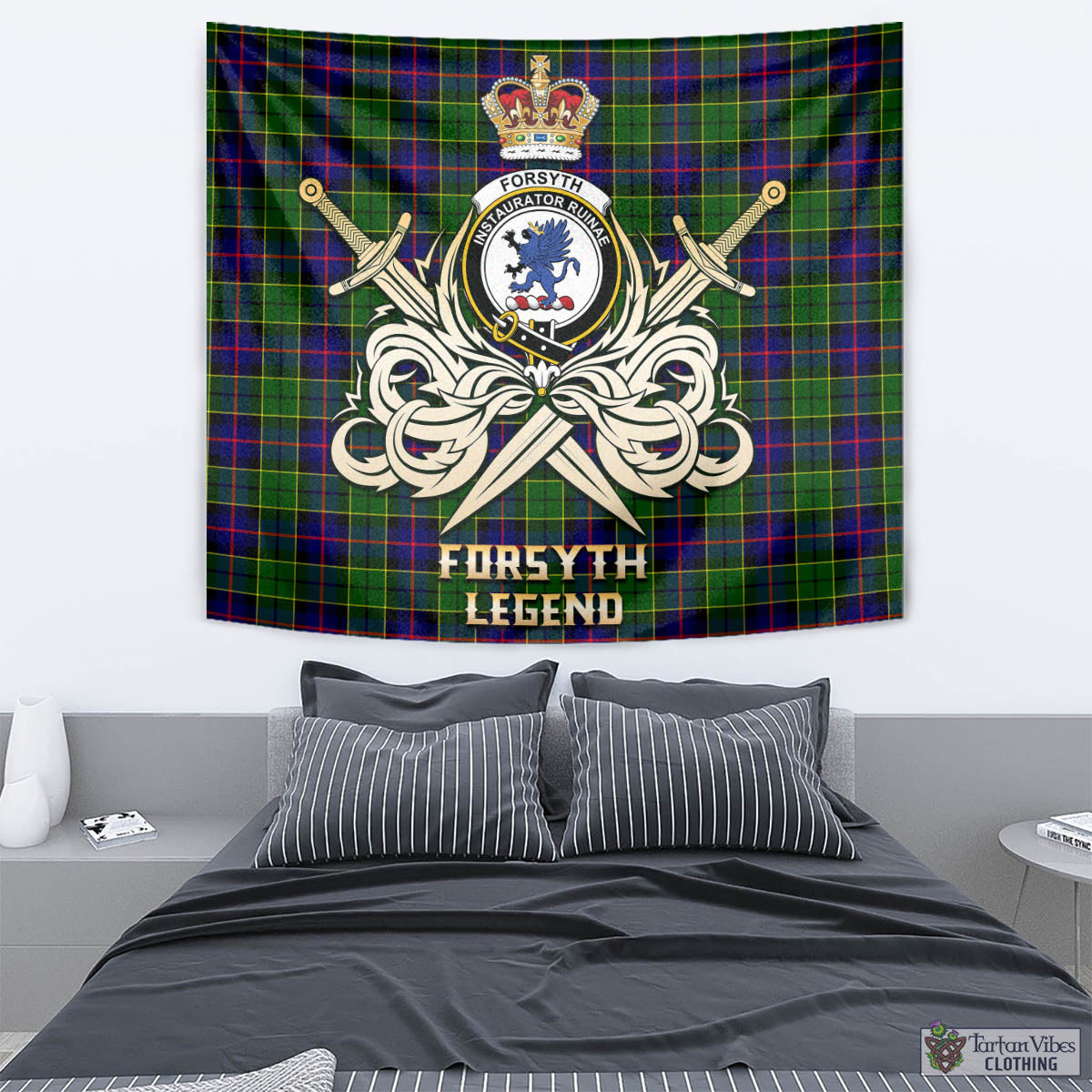 Tartan Vibes Clothing Forsyth Modern Tartan Tapestry with Clan Crest and the Golden Sword of Courageous Legacy