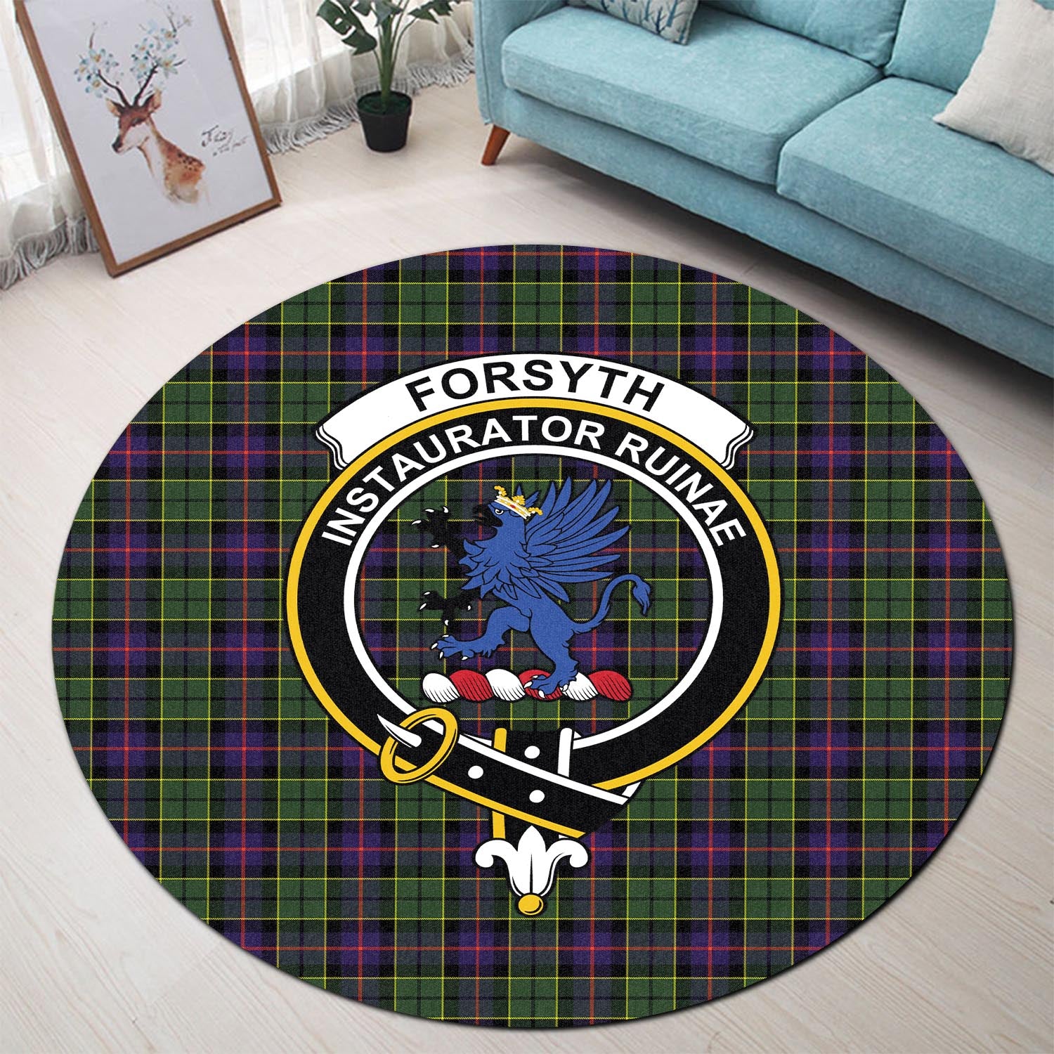 Forsyth Modern Tartan Round Rug with Family Crest - Tartanvibesclothing