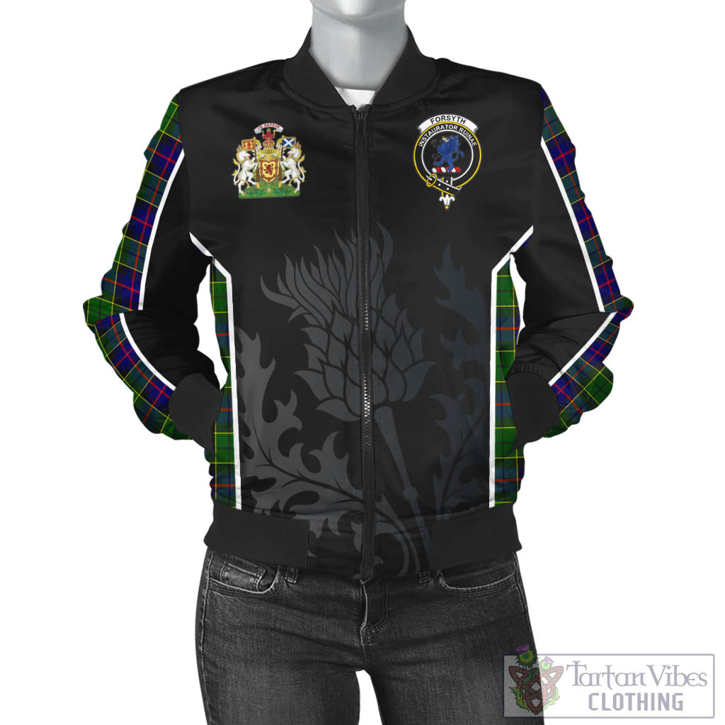 Tartan Vibes Clothing Forsyth Modern Tartan Bomber Jacket with Family Crest and Scottish Thistle Vibes Sport Style