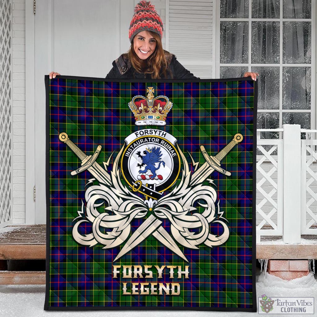 Tartan Vibes Clothing Forsyth Modern Tartan Quilt with Clan Crest and the Golden Sword of Courageous Legacy