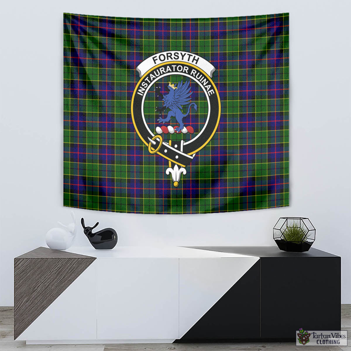 Tartan Vibes Clothing Forsyth Modern Tartan Tapestry Wall Hanging and Home Decor for Room with Family Crest