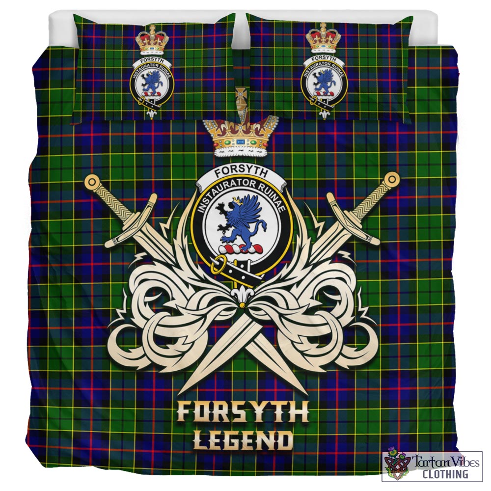 Tartan Vibes Clothing Forsyth Modern Tartan Bedding Set with Clan Crest and the Golden Sword of Courageous Legacy