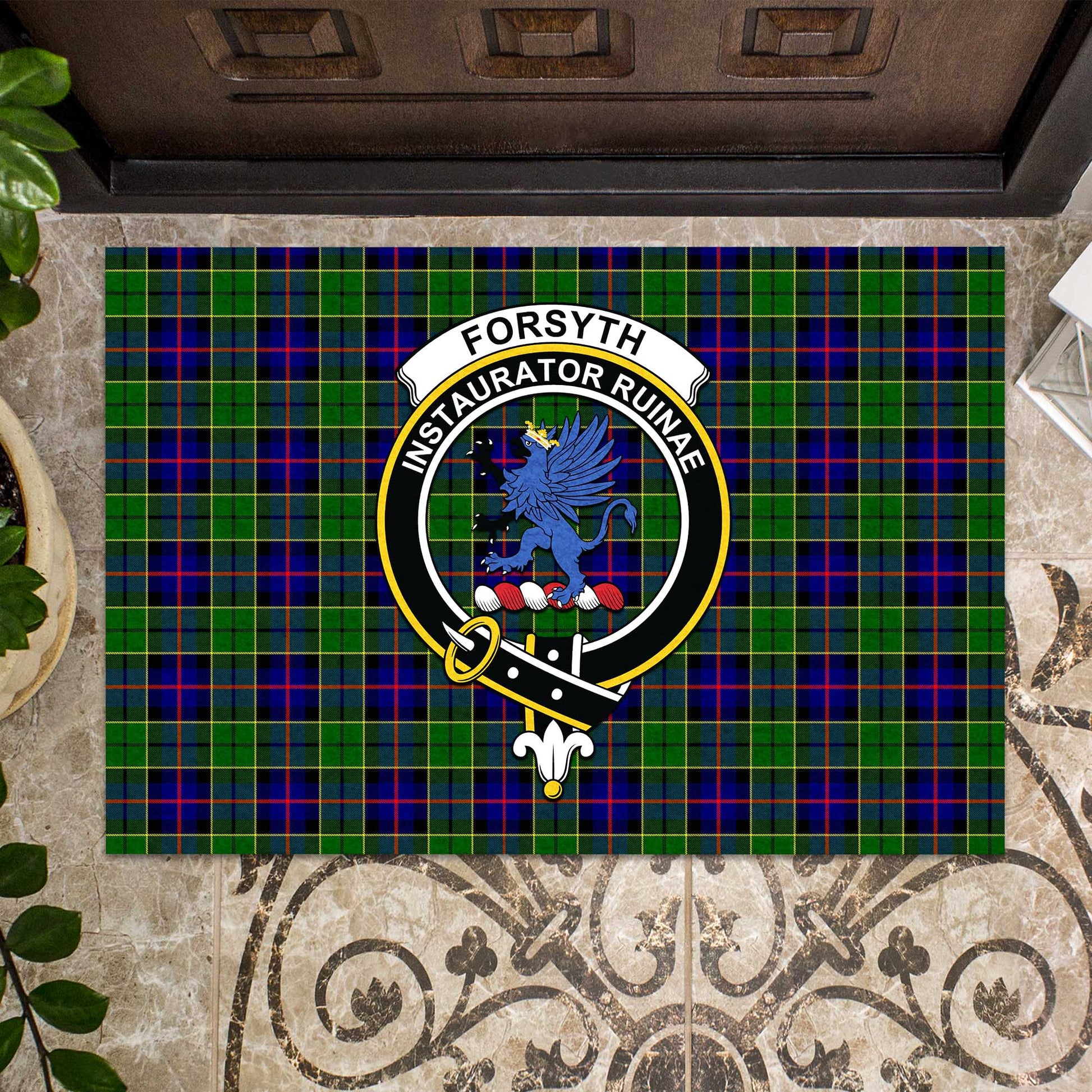 Forsyth Modern Tartan Door Mat with Family Crest - Tartanvibesclothing