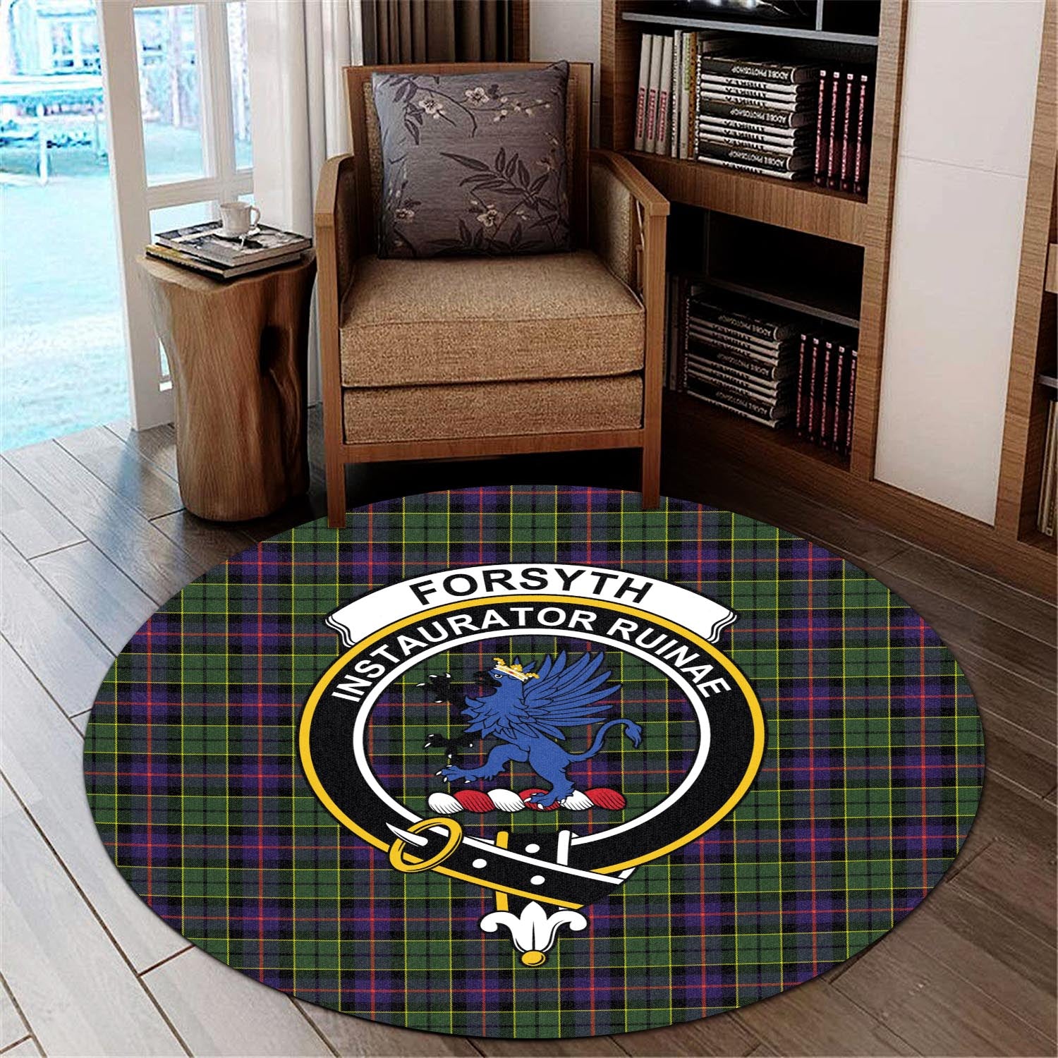 Forsyth Modern Tartan Round Rug with Family Crest - Tartanvibesclothing