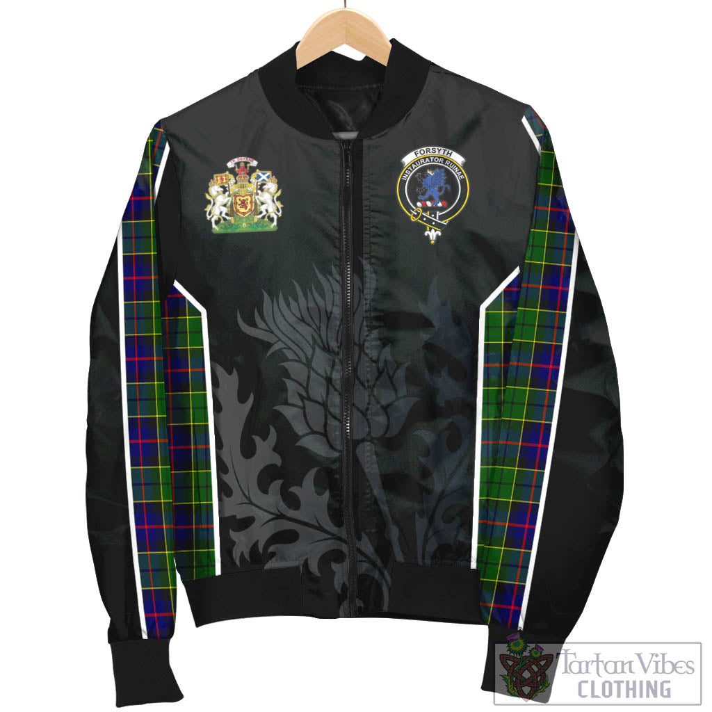 Tartan Vibes Clothing Forsyth Modern Tartan Bomber Jacket with Family Crest and Scottish Thistle Vibes Sport Style