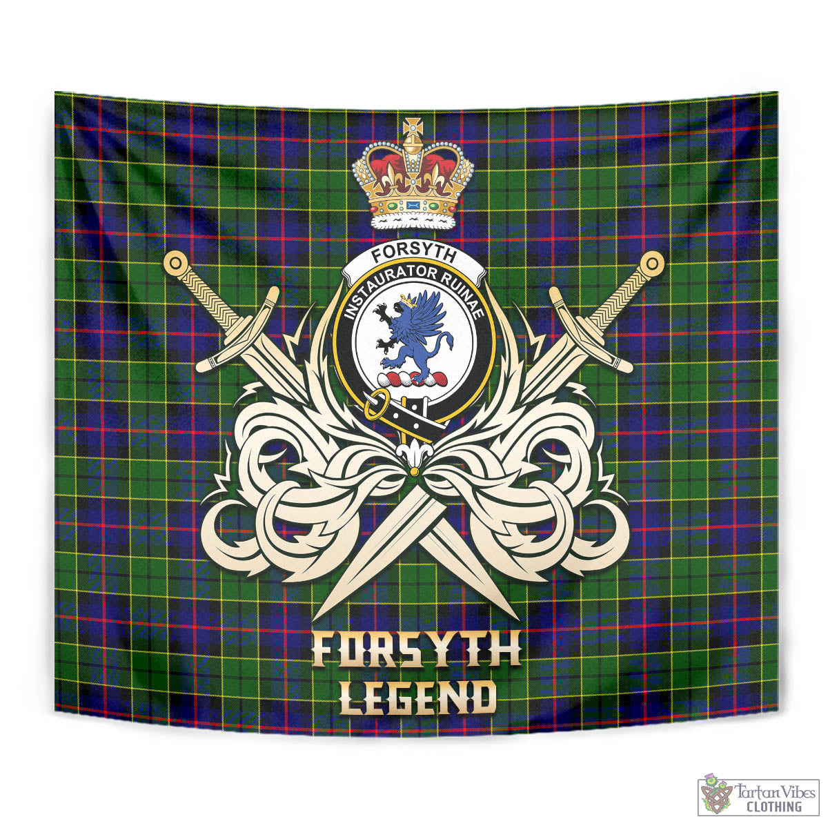 Tartan Vibes Clothing Forsyth Modern Tartan Tapestry with Clan Crest and the Golden Sword of Courageous Legacy