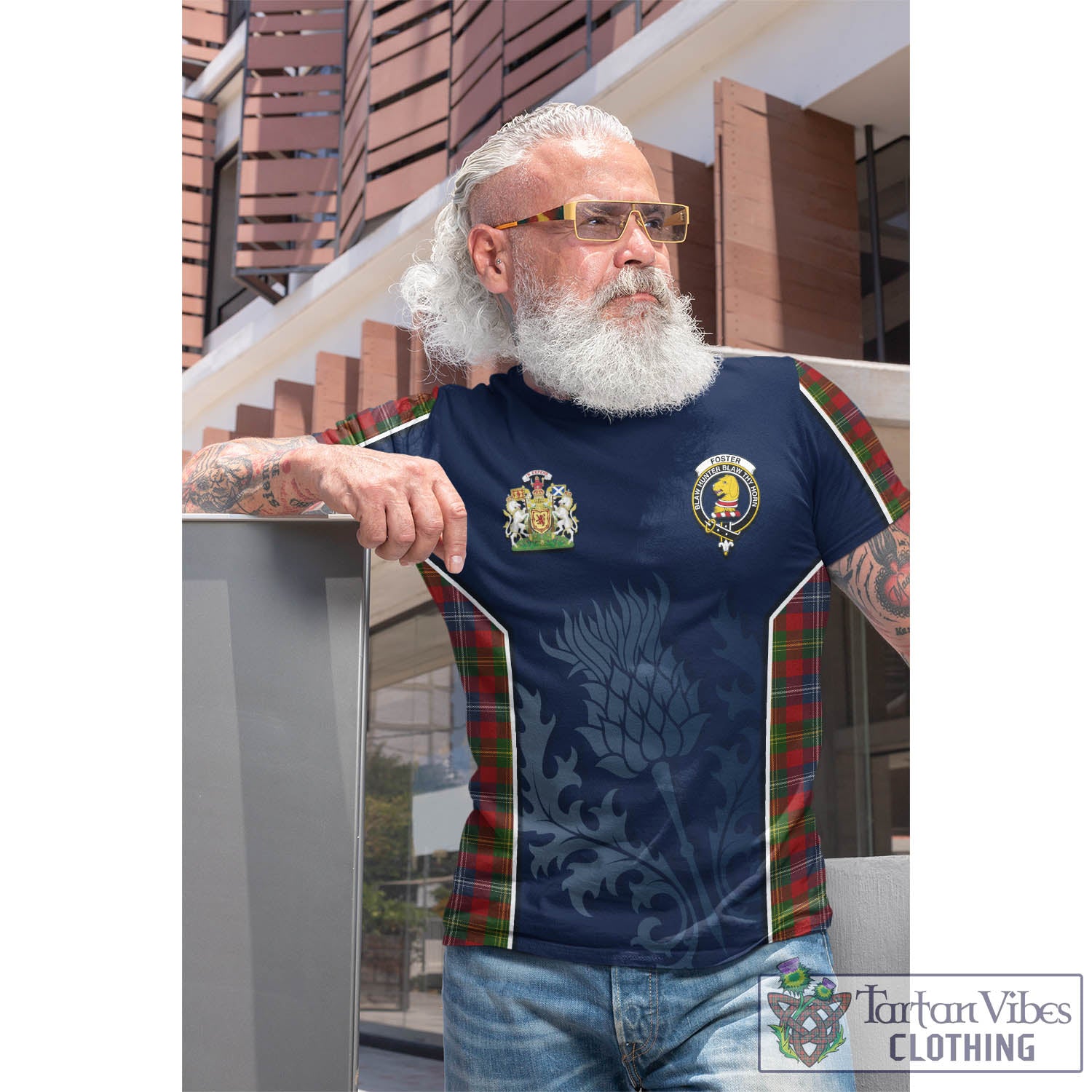 Tartan Vibes Clothing Foster Tartan T-Shirt with Family Crest and Scottish Thistle Vibes Sport Style