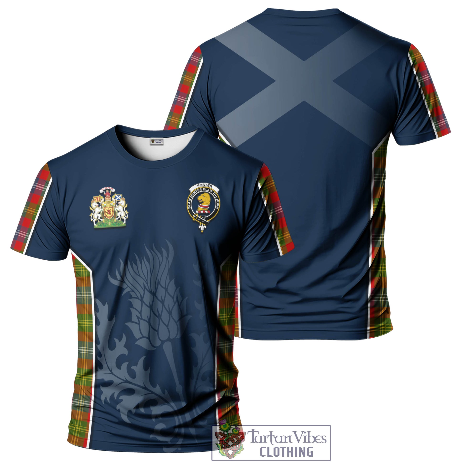 Tartan Vibes Clothing Foster Modern Tartan T-Shirt with Family Crest and Scottish Thistle Vibes Sport Style