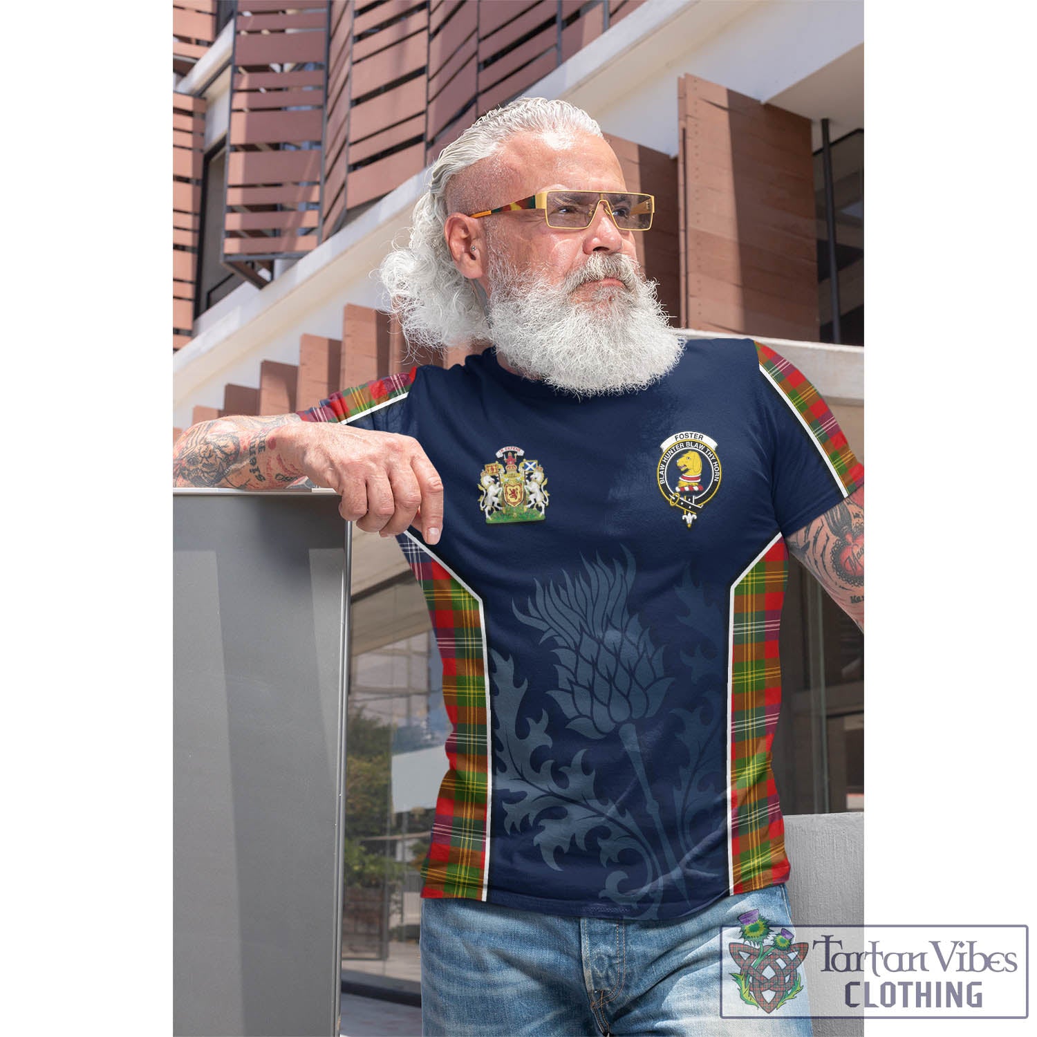 Tartan Vibes Clothing Foster Modern Tartan T-Shirt with Family Crest and Scottish Thistle Vibes Sport Style