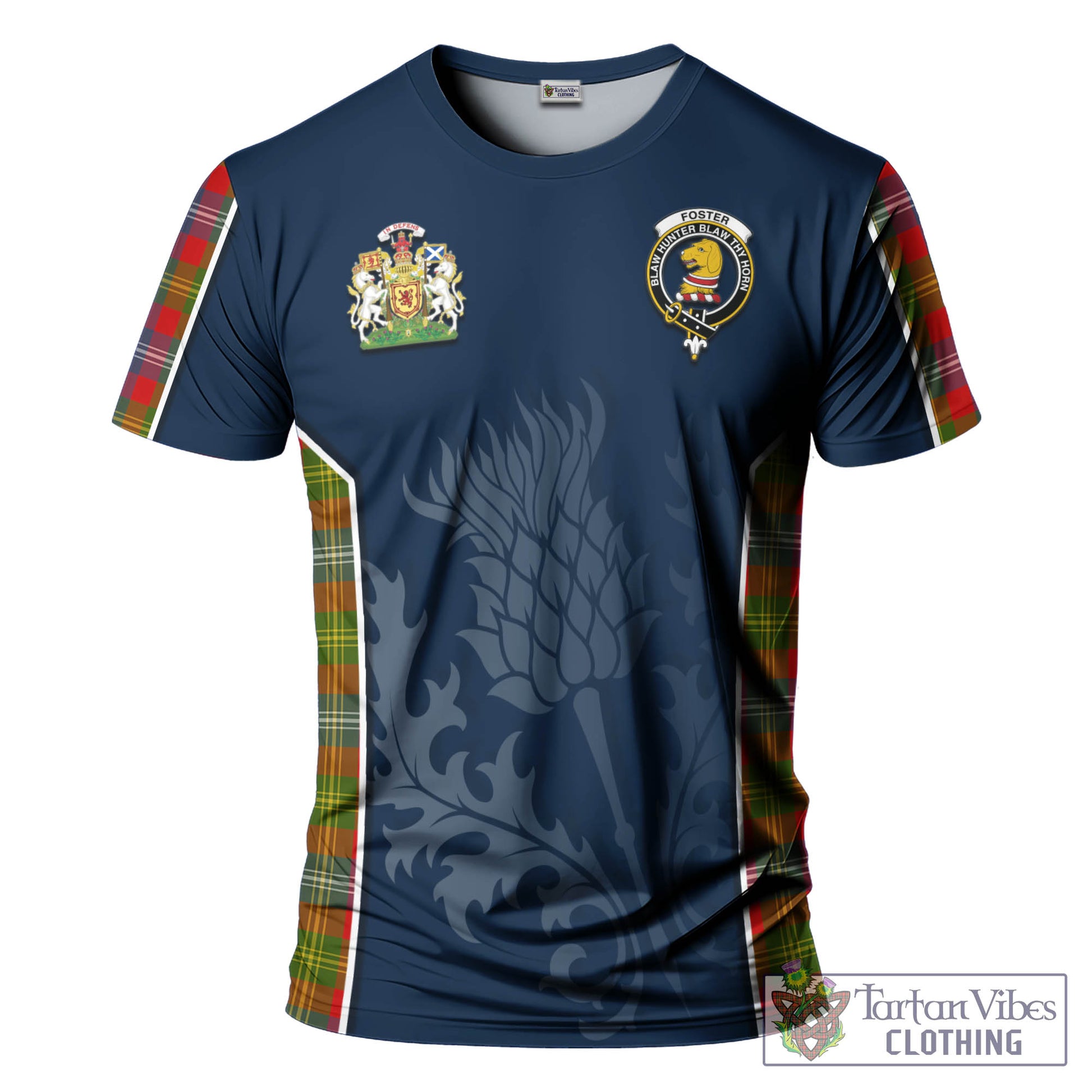 Tartan Vibes Clothing Foster Modern Tartan T-Shirt with Family Crest and Scottish Thistle Vibes Sport Style