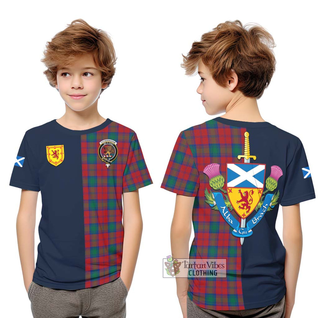 Tartan Vibes Clothing Fotheringham Tartan Kid T-Shirt with Scottish Lion Royal Arm Half Style