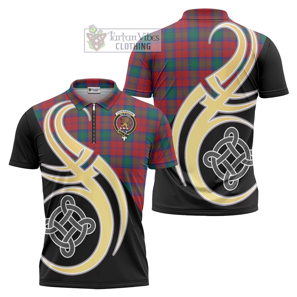 Tartan Vibes Clothing Fotheringham Tartan Zipper Polo Shirt with Family Crest and Celtic Symbol Style