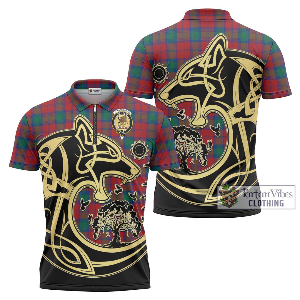 Fotheringham (Fotheringhame) Tartan Zipper Polo Shirt with Family Crest Celtic Wolf Style Unisex - Tartanvibesclothing Shop