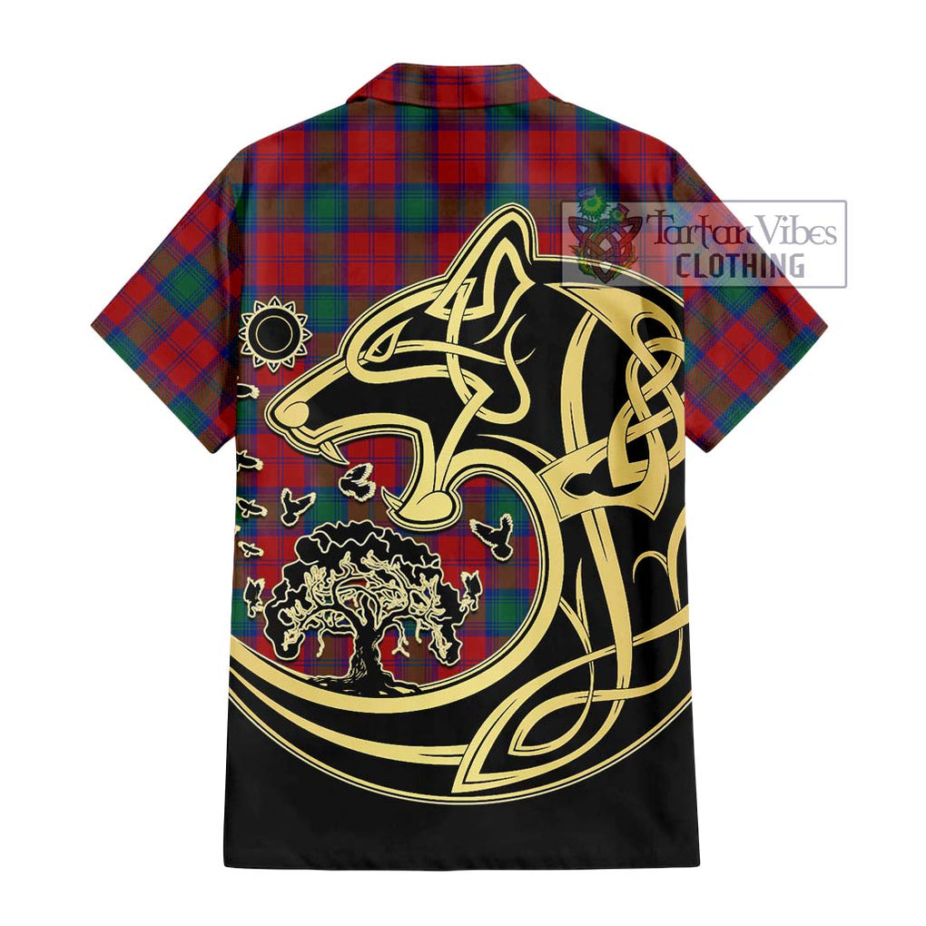 Fotheringham (Fotheringhame) Tartan Short Sleeve Button Shirt with Family Crest Celtic Wolf Style - Tartan Vibes Clothing