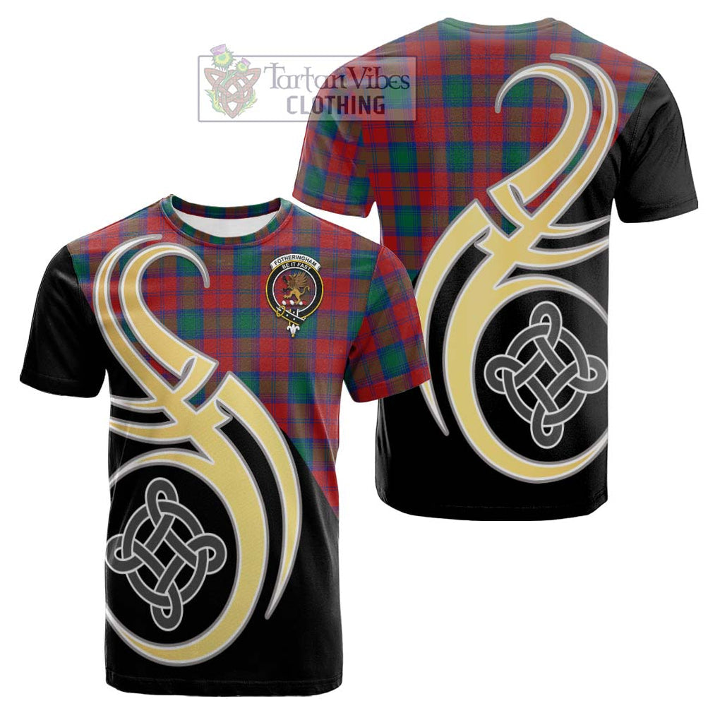 Tartan Vibes Clothing Fotheringham Tartan Cotton T-shirt with Family Crest and Celtic Symbol Style