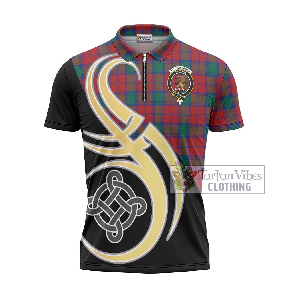 Tartan Vibes Clothing Fotheringham Tartan Zipper Polo Shirt with Family Crest and Celtic Symbol Style