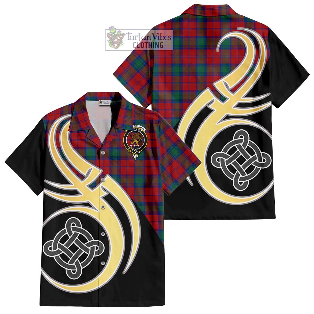 Fotheringham (Fotheringhame) Tartan Short Sleeve Button Shirt with Family Crest and Celtic Symbol Style - Tartan Vibes Clothing