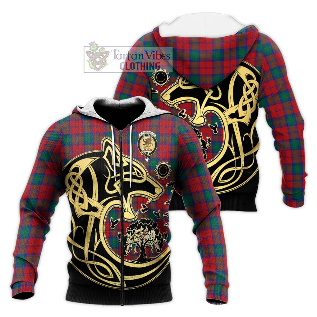 Fotheringham (Fotheringhame) Tartan Knitted Hoodie with Family Crest Celtic Wolf Style Unisex Knitted Zip Hoodie - Tartan Vibes Clothing