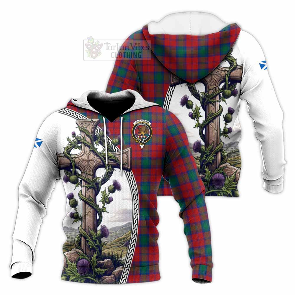 Tartan Vibes Clothing Fotheringham (Fotheringhame) Tartan Knitted Hoodie with Family Crest and St. Andrew's Cross Accented by Thistle Vines