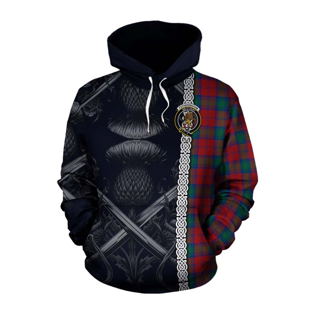 Tartan Vibes Clothing Fotheringham (Fotheringhame) Tartan Cotton Hoodie with Family Crest Cross Sword Thistle Celtic Vibes