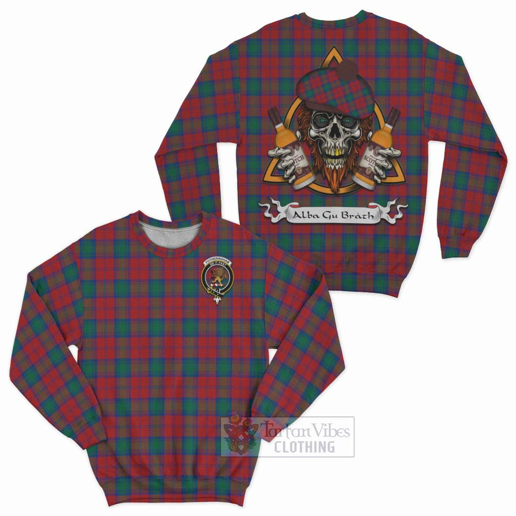 Tartan Vibes Clothing Fotheringham (Fotheringhame) Tartan Sweatshirt with Family Crest and Bearded Skull Holding Bottles of Whiskey