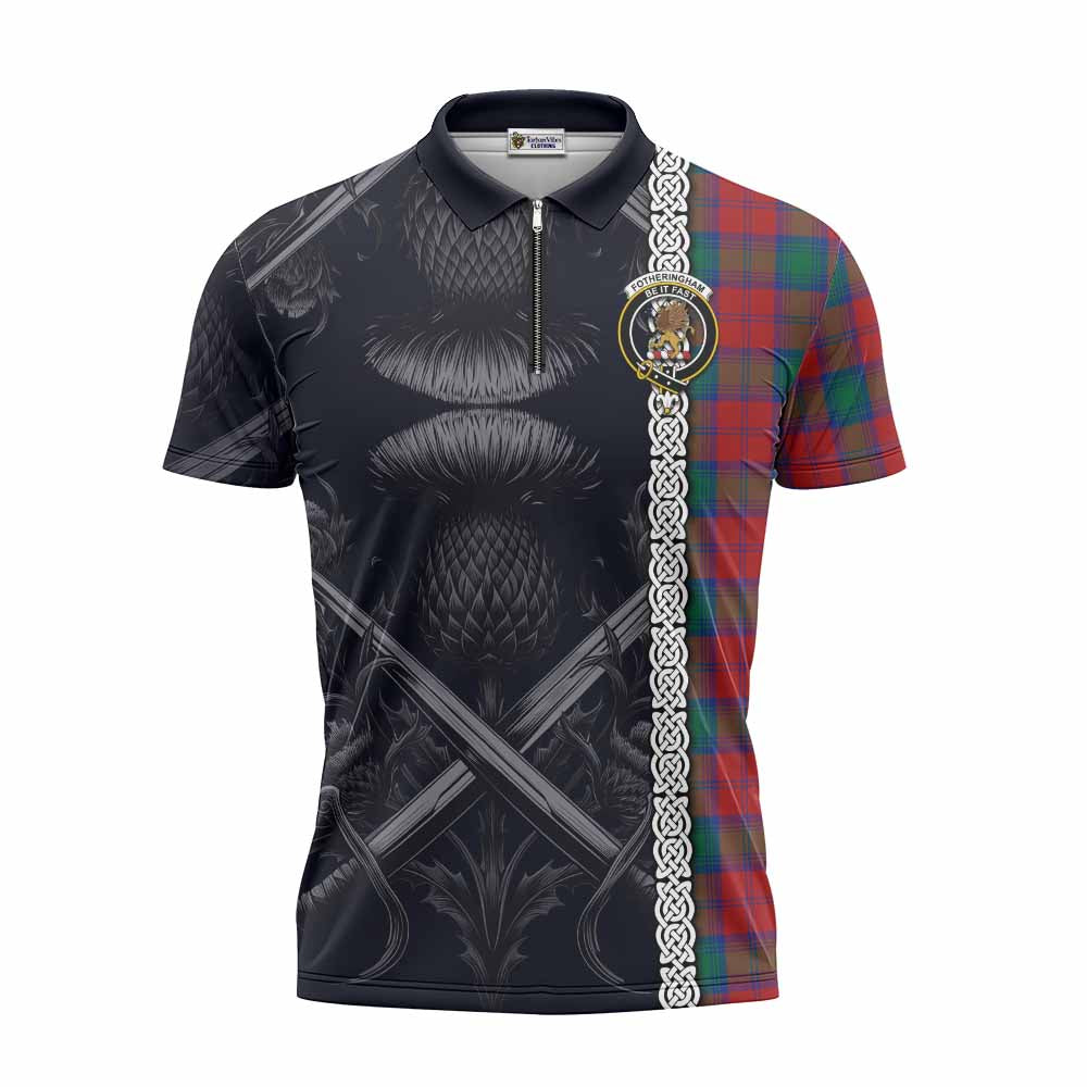 Tartan Vibes Clothing Fotheringham (Fotheringhame) Tartan Zipper Polo Shirt with Family Crest Cross Sword Thistle Celtic Vibes