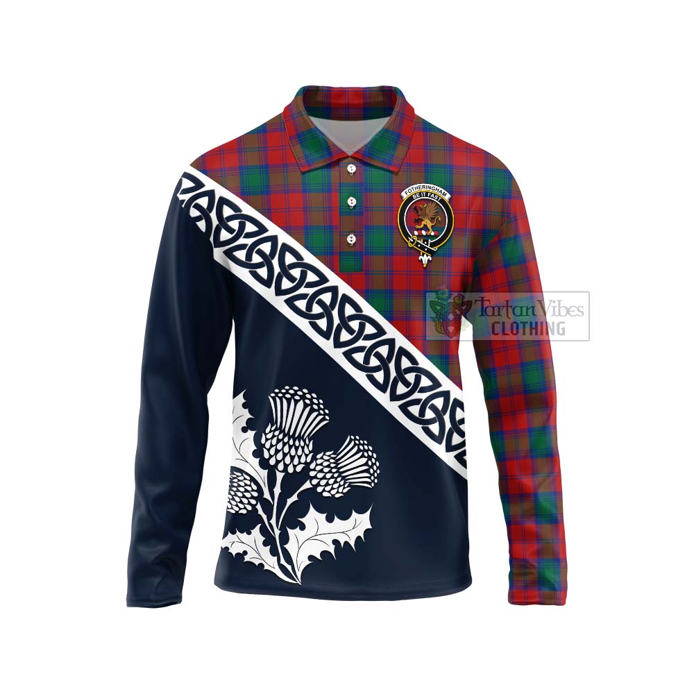 Tartan Vibes Clothing Fotheringham (Fotheringhame) Tartan Long Sleeve Polo Shirt Featuring Thistle and Scotland Map