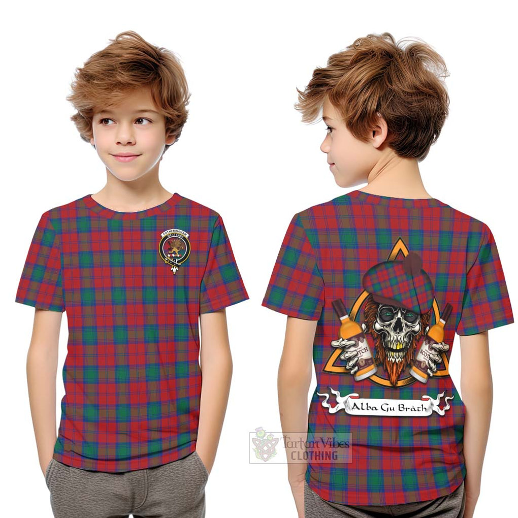 Tartan Vibes Clothing Fotheringham (Fotheringhame) Tartan Kid T-Shirt with Family Crest and Bearded Skull Holding Bottles of Whiskey