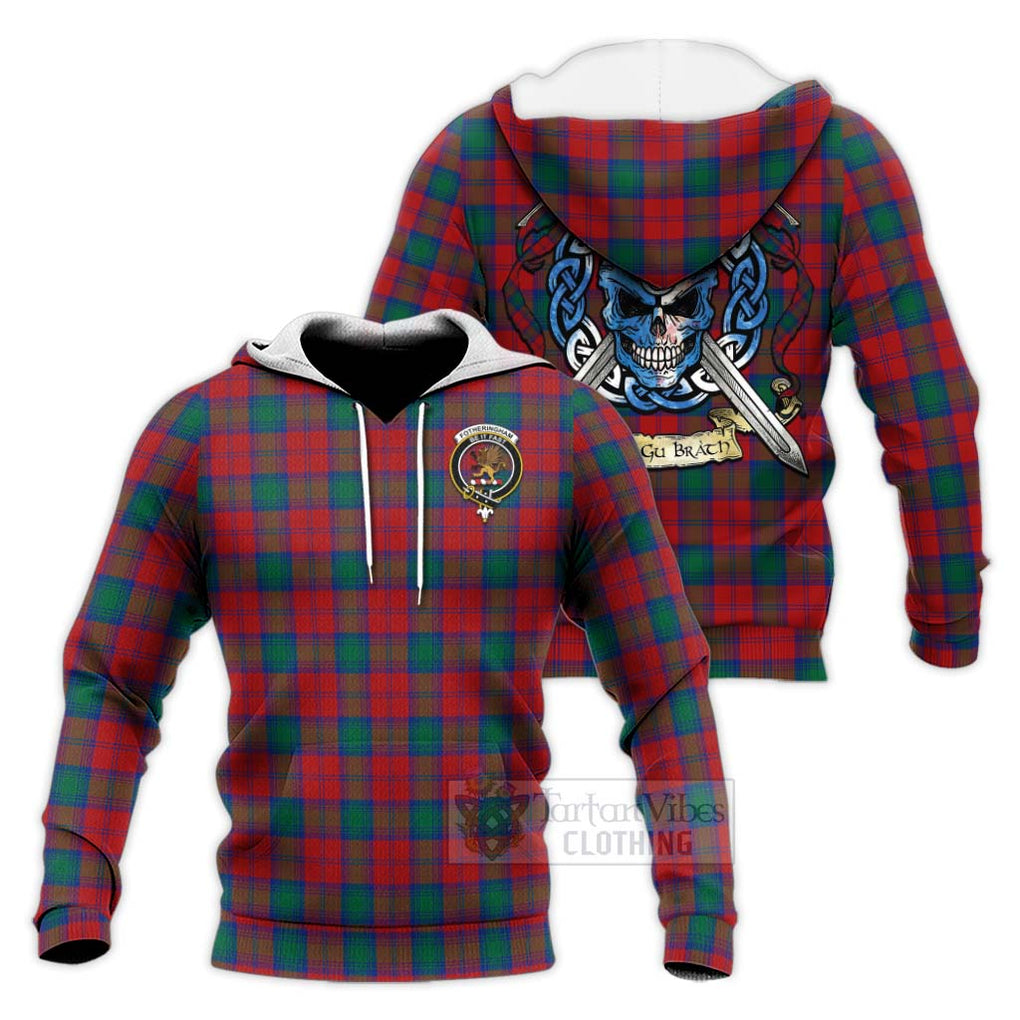 Tartan Vibes Clothing Fotheringham (Fotheringhame) Tartan Knitted Hoodie with Family Crest Celtic Skull Style