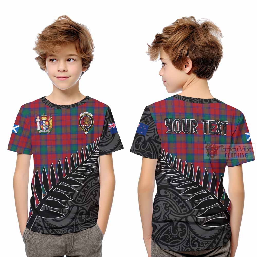 Tartan Vibes Clothing Fotheringham (Fotheringhame) Crest Tartan Kid T-Shirt with New Zealand Silver Fern Half Style