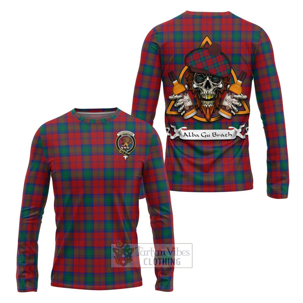 Tartan Vibes Clothing Fotheringham (Fotheringhame) Tartan Long Sleeve T-Shirt with Family Crest and Bearded Skull Holding Bottles of Whiskey