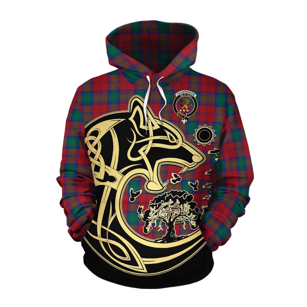 Tartan Vibes Clothing Fotheringham (Fotheringhame) Tartan Cotton Hoodie with Family Crest Celtic Wolf Style