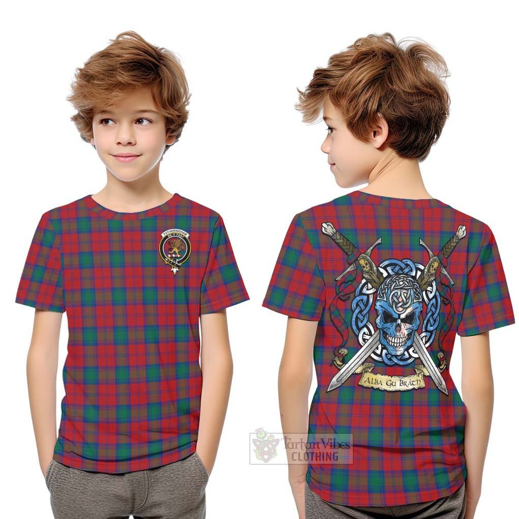 Tartan Vibes Clothing Fotheringham (Fotheringhame) Tartan Kid T-Shirt with Family Crest Celtic Skull Style