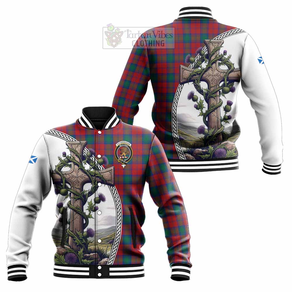 Tartan Vibes Clothing Fotheringham (Fotheringhame) Tartan Baseball Jacket with Family Crest and St. Andrew's Cross Accented by Thistle Vines