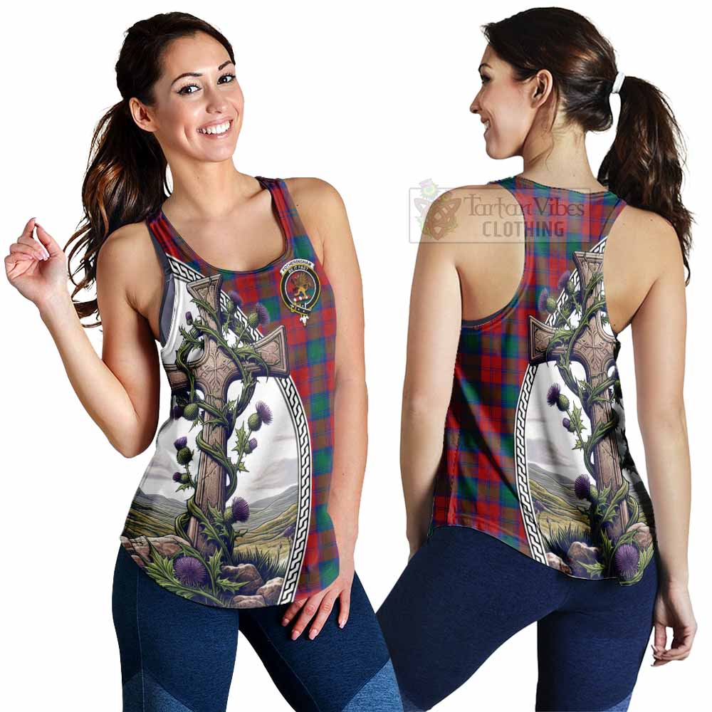 Tartan Vibes Clothing Fotheringham (Fotheringhame) Tartan Women's Racerback Tanks with Family Crest and St. Andrew's Cross Accented by Thistle Vines