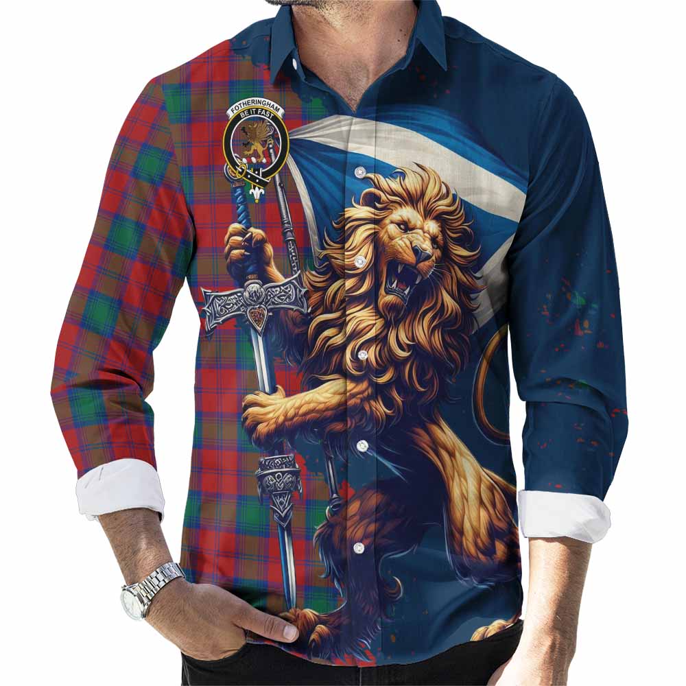 Tartan Vibes Clothing Fotheringham (Fotheringhame) Tartan Family Crest Long Sleeve Button Shirt with Scottish Majestic Lion