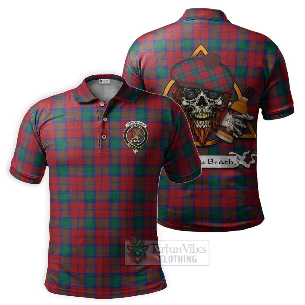 Tartan Vibes Clothing Fotheringham (Fotheringhame) Tartan Polo Shirt with Family Crest and Bearded Skull Holding Bottles of Whiskey