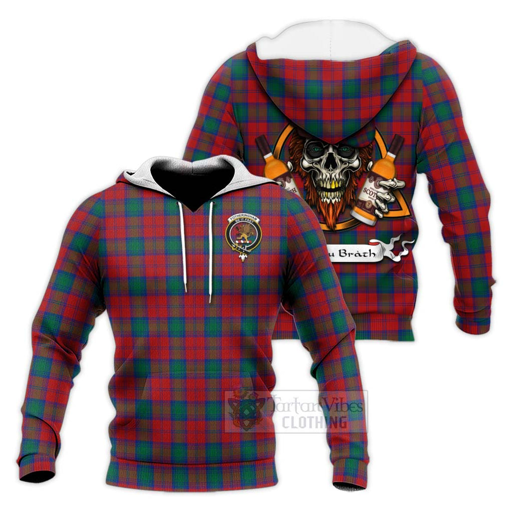 Tartan Vibes Clothing Fotheringham (Fotheringhame) Tartan Knitted Hoodie with Family Crest and Bearded Skull Holding Bottles of Whiskey