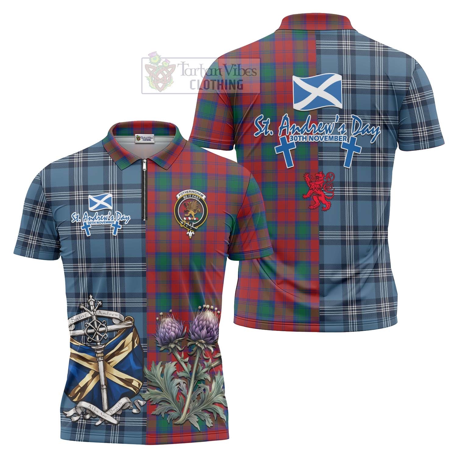 Tartan Vibes Clothing Fotheringham (Fotheringhame) Tartan Zipper Polo Shirt Happy St. Andrew's Day Half Tartan Style