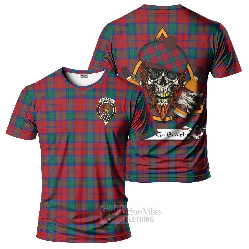 Tartan Vibes Clothing Fotheringham (Fotheringhame) Tartan T-Shirt with Family Crest and Bearded Skull Holding Bottles of Whiskey