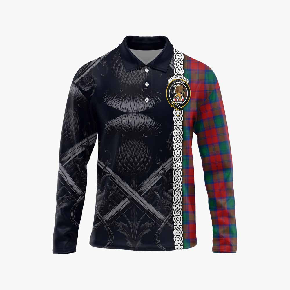 Tartan Vibes Clothing Fotheringham (Fotheringhame) Tartan Long Sleeve Polo Shirt with Family Crest Cross Sword Thistle Celtic Vibes