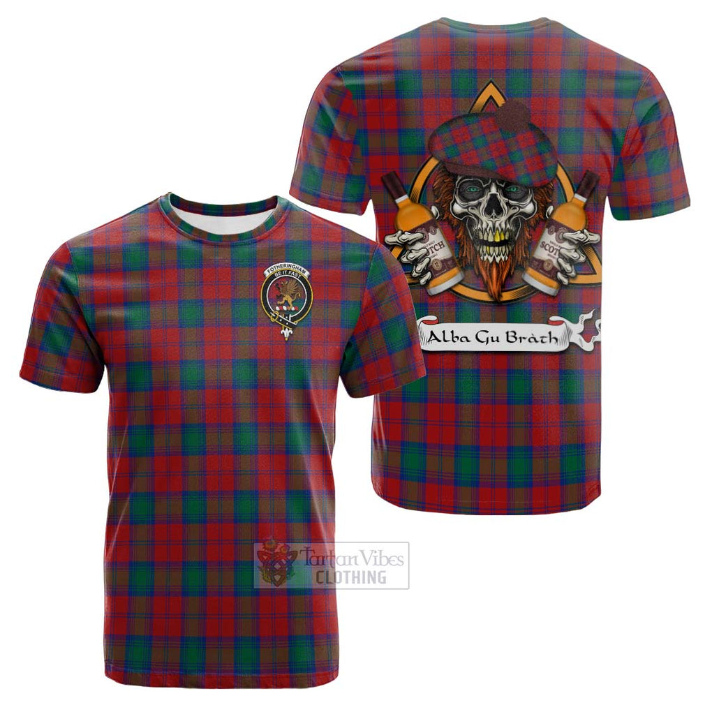 Tartan Vibes Clothing Fotheringham (Fotheringhame) Tartan Cotton T-shirt with Family Crest and Bearded Skull Holding Bottles of Whiskey