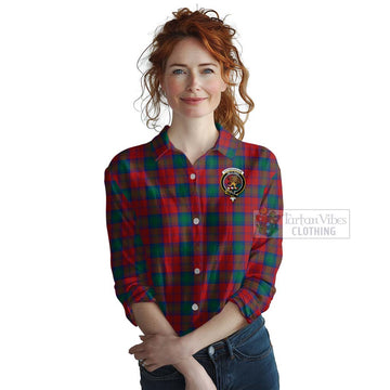 Fotheringham (Fotheringhame) Tartan Women's Casual Shirt with Family Crest and Bearded Skull Holding Bottles of Whiskey