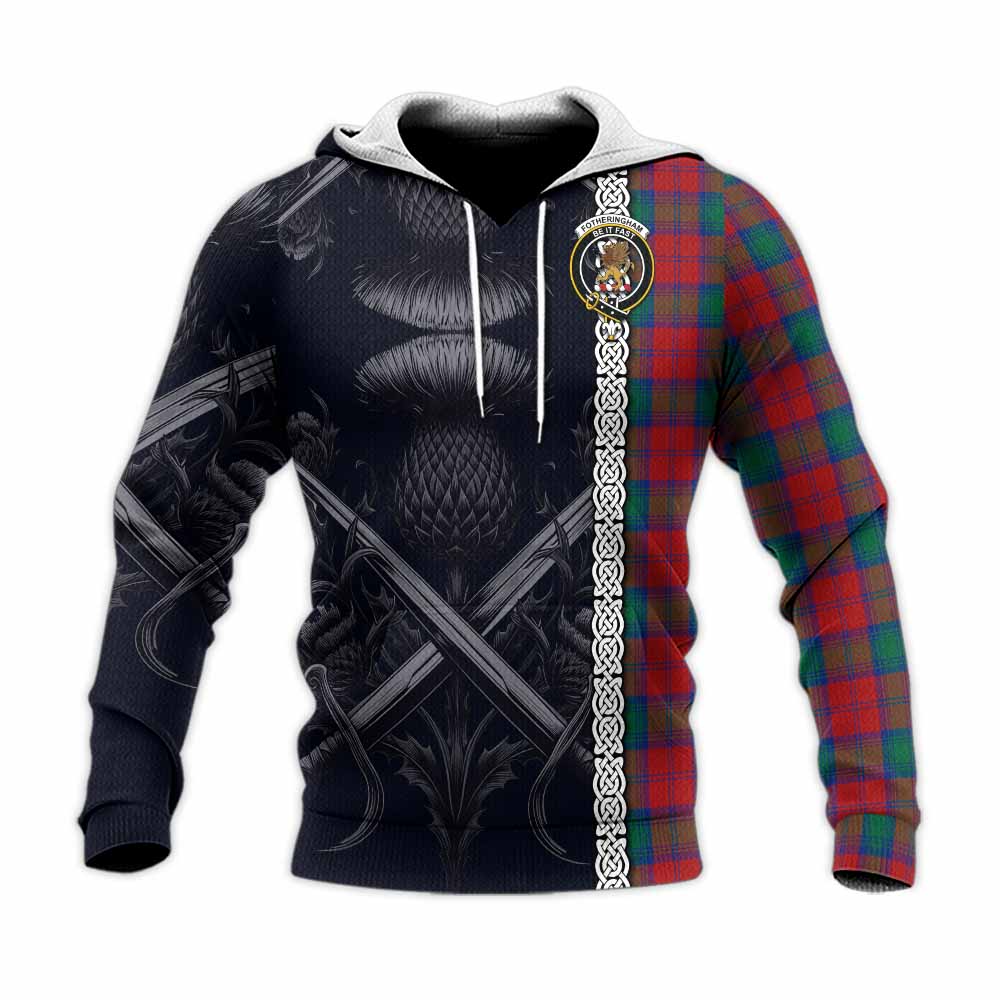 Tartan Vibes Clothing Fotheringham (Fotheringhame) Tartan Knitted Hoodie with Family Crest Cross Sword Thistle Celtic Vibes